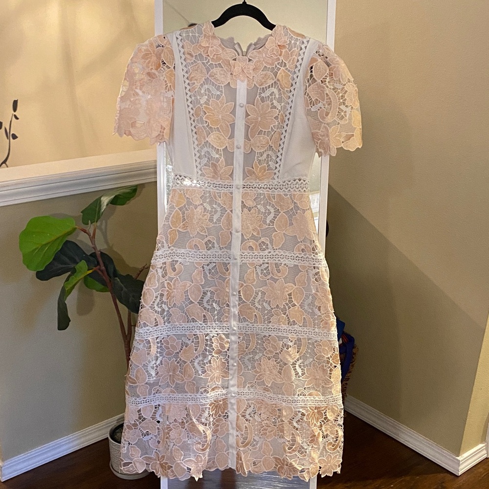 NWT Han Qing Mu Mu Elegant Retro Lace Cutout Ivory & Peach Midi Dress Size 2 - Picture 6 of 15